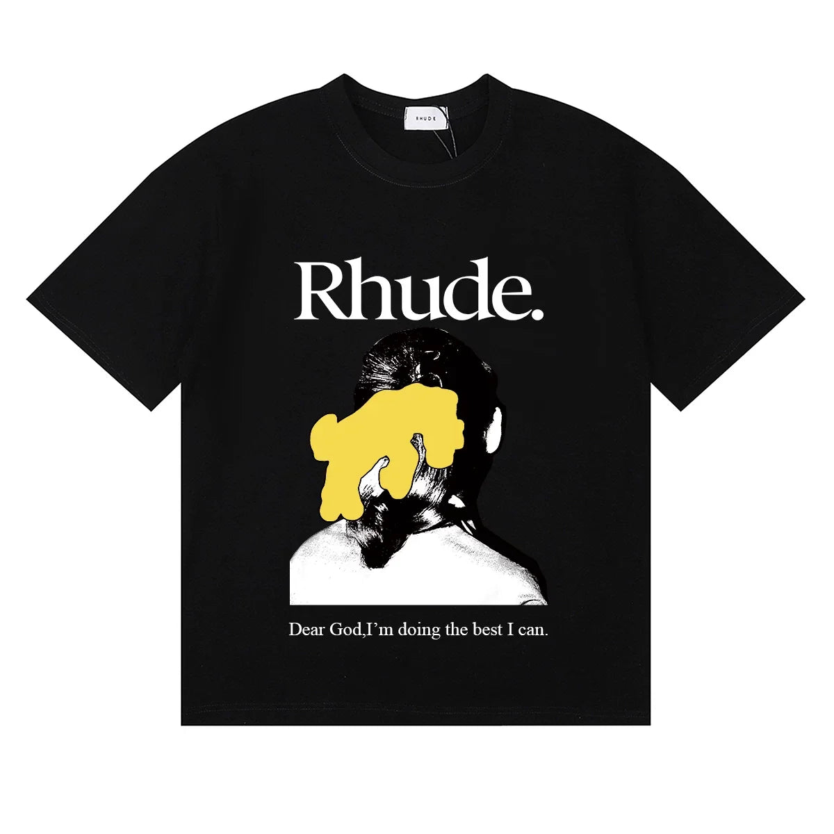 Rhude Dear God Portrait Text Quote Black Oversized T‑Shirt