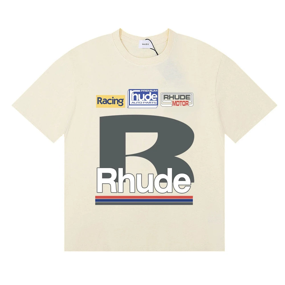 Rhude Big B Letter Racing Badge Patch‑Style Cream Oversized T‑Shirt