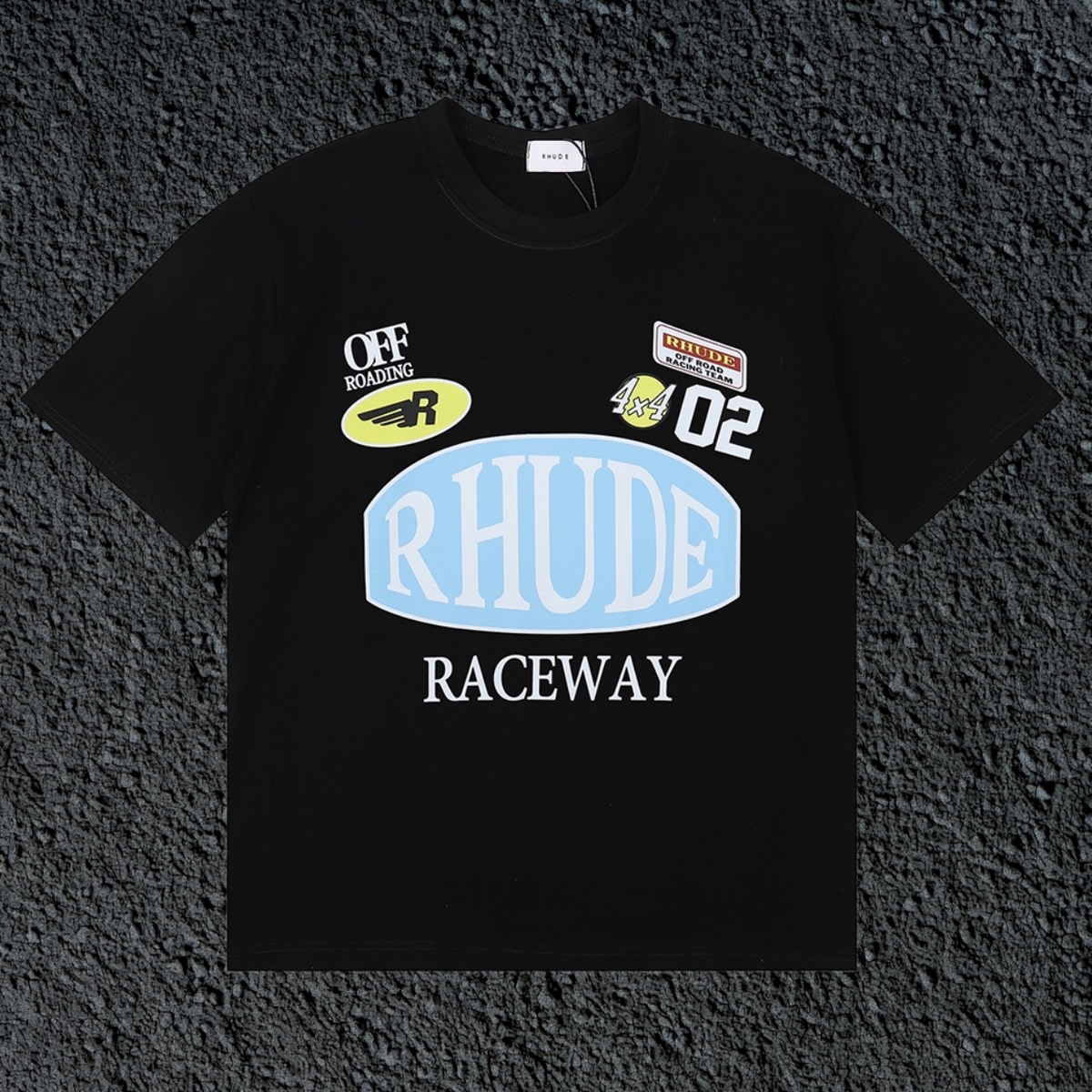 Rhude Raceway Multi‑Patch Racing Badge Black Oversized T‑Shirt