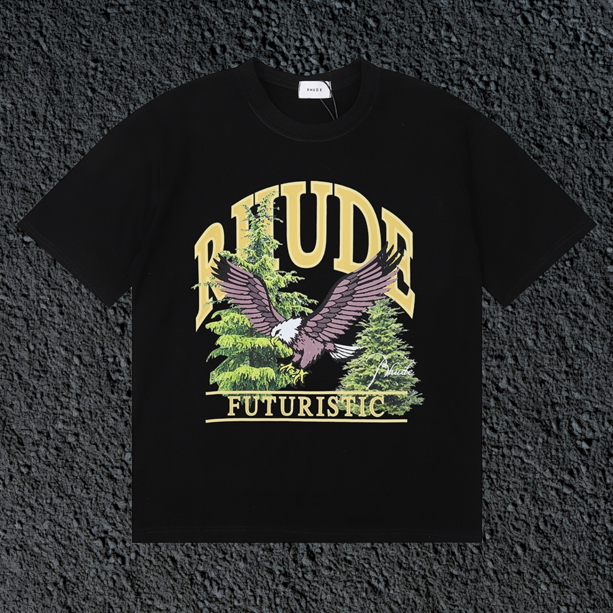 Rhude Futuristic Eagle Forest Vintage Black Oversized T‑Shirt