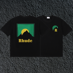 Rhude Sun Mountain Dual Sided Front Chest Back Panel Black Oversized T‑Shirt