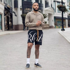 RHUDE niche American high street fashion brand summer letter big logo jacquard loose knitted yarn five quarter shorts