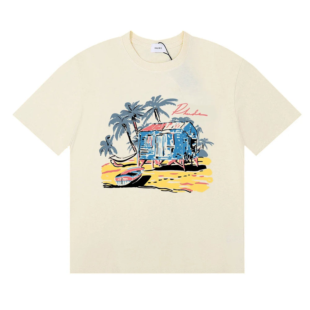 Rhude Tropical Beach Hut Palm Tree Retro Cream Oversized T‑Shirt