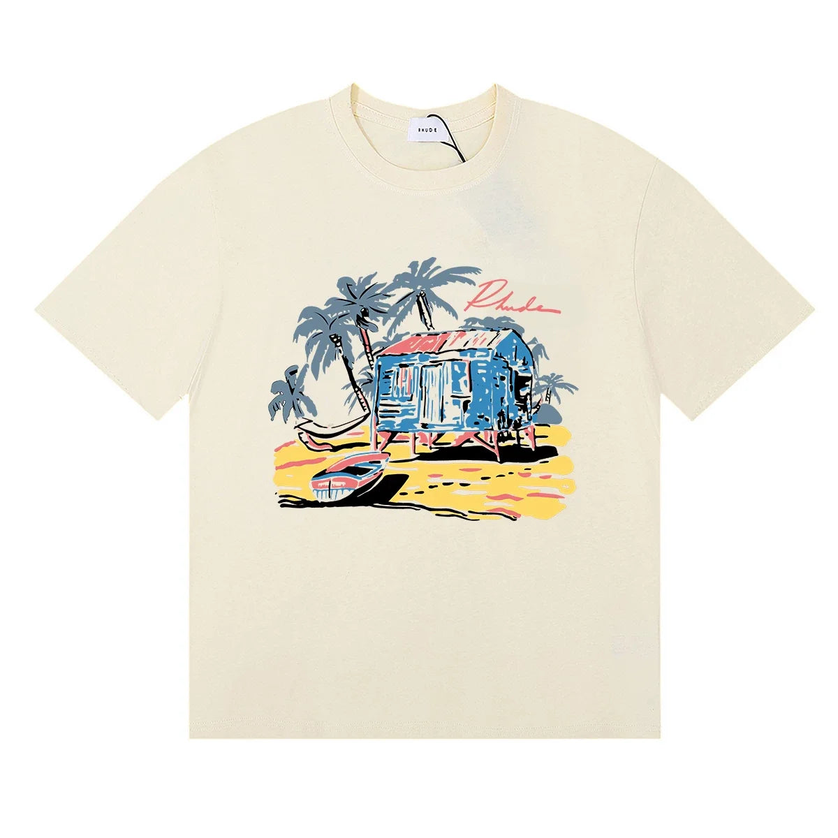 Rhude Tropical Beach Hut Palm Tree Retro Cream Oversized T‑Shirt