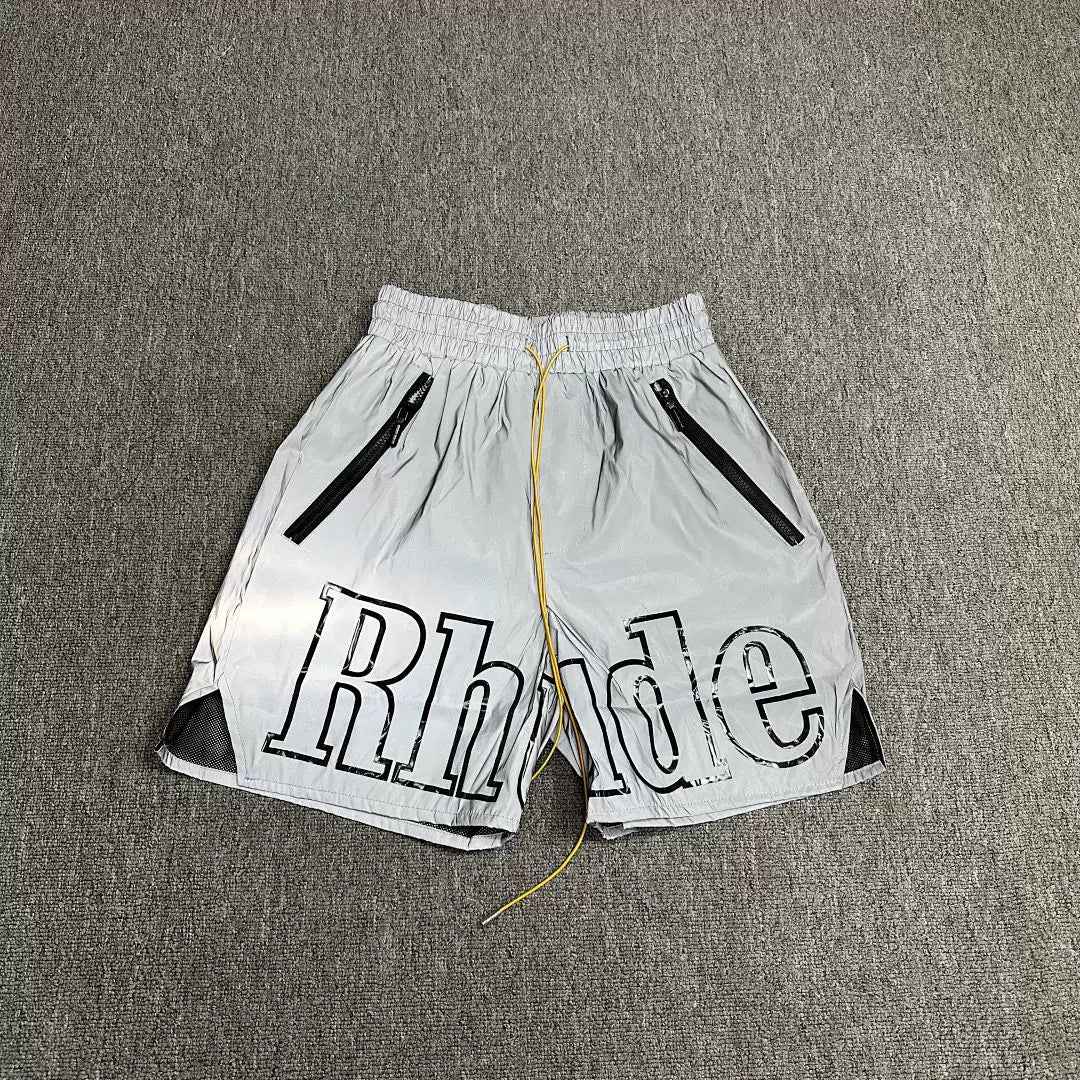 Rhude Silver Reflective Big Logo Nylon Shorts