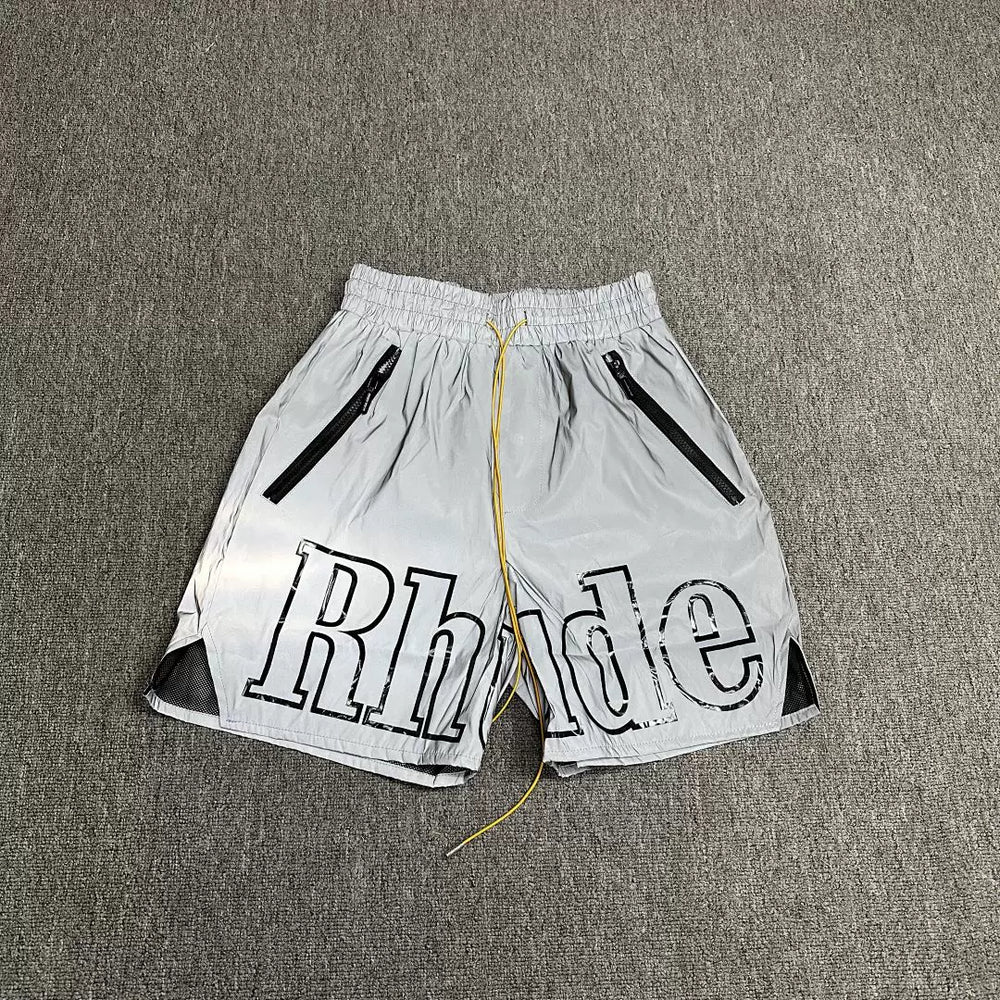 Rhude Silver Reflective Big Logo Nylon Shorts