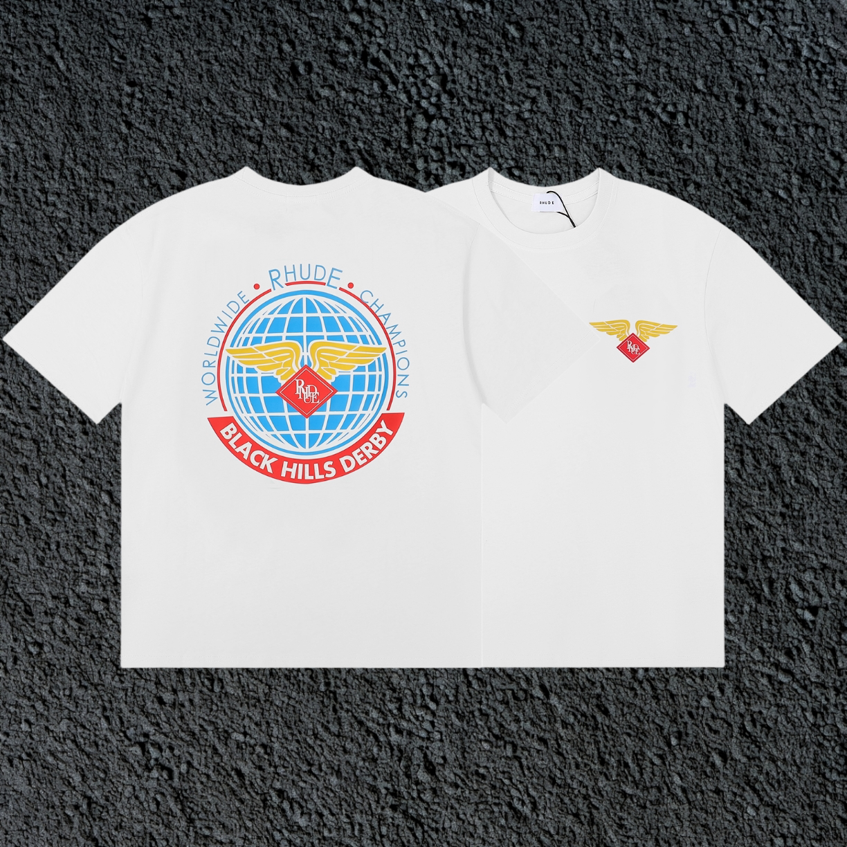 Rhude Black Hills Derby Globe Wing Back Print White Oversized T‑Shirt