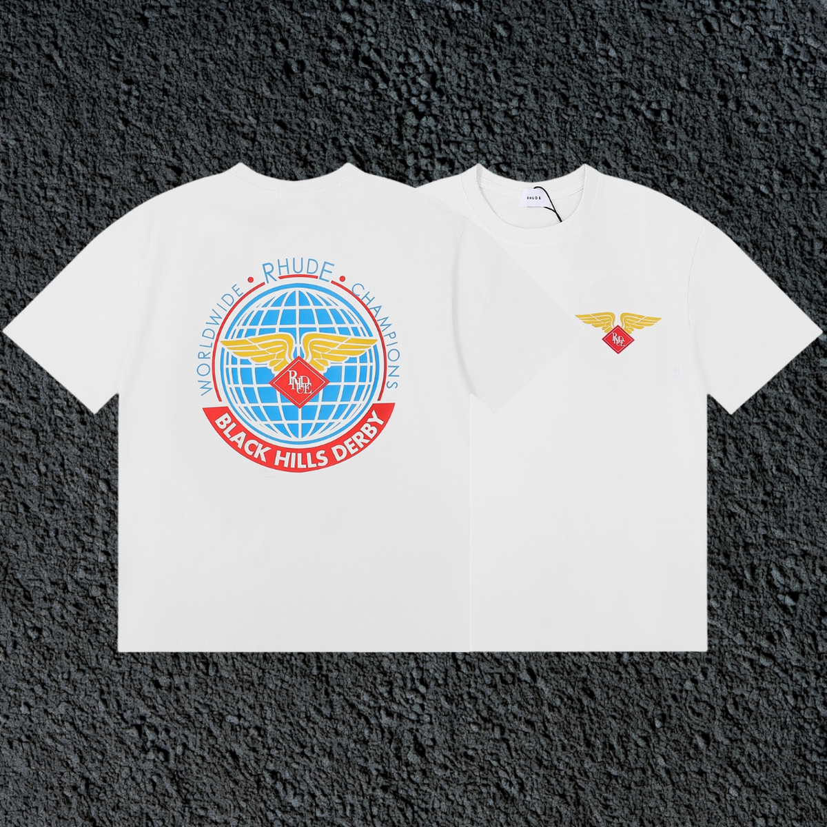Rhude Black Hills Derby Globe Wing Back Print White Oversized T‑Shirt
