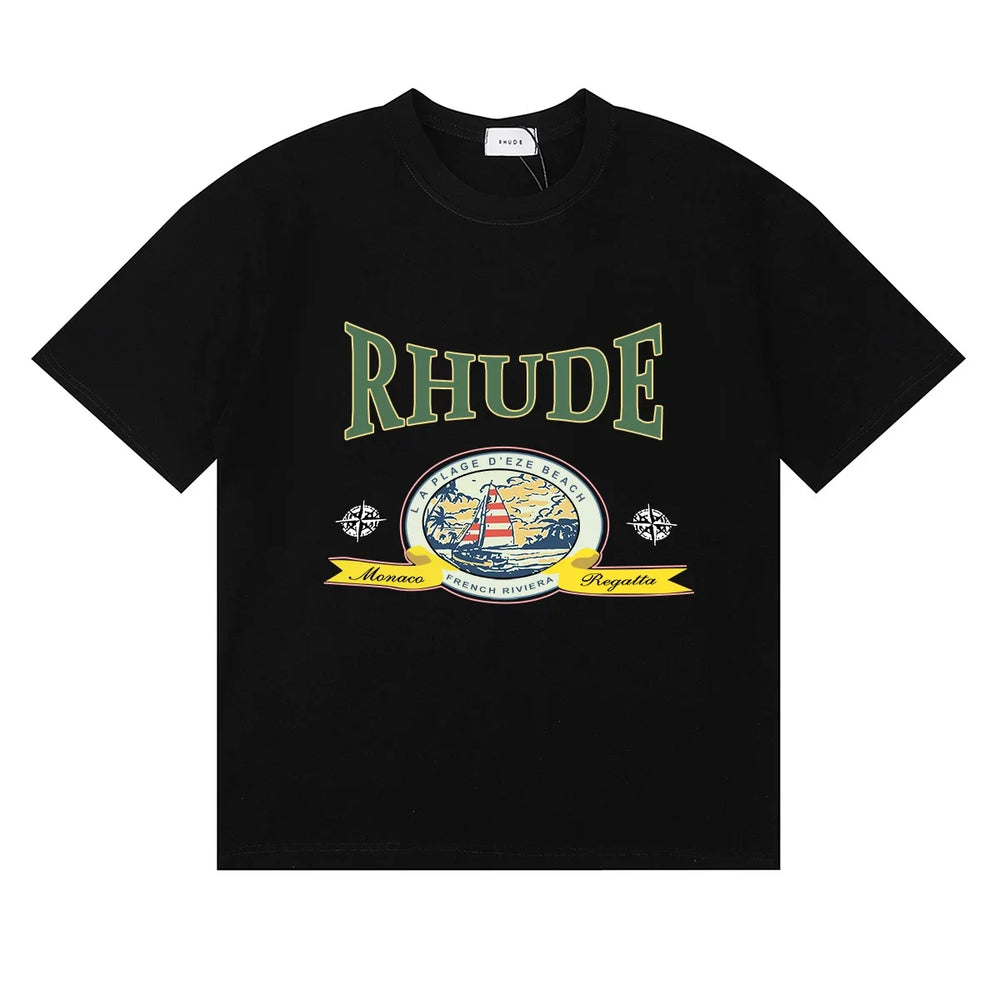 Rhude Retro Globe Badge Green Letter Black Oversized T‑Shirt