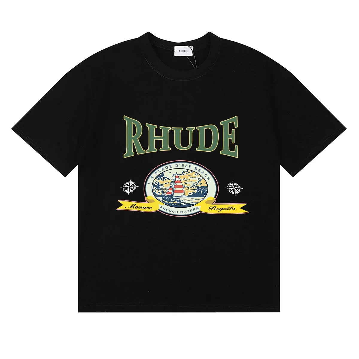 Rhude Retro Globe Badge Green Letter Black Oversized T‑Shirt