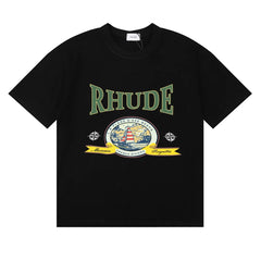 Rhude Retro Globe Badge Green Letter Black Oversized T‑Shirt