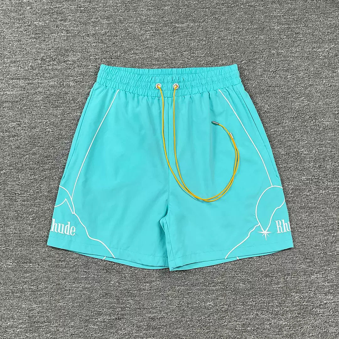 Rhude Outline Print Cyan Nylon Shorts