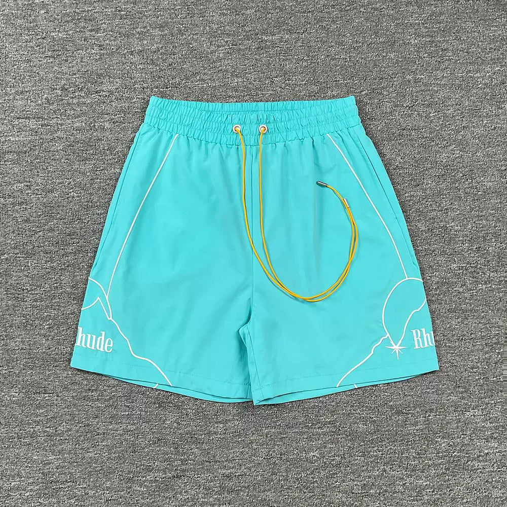 Rhude Outline Print Cyan Nylon Shorts