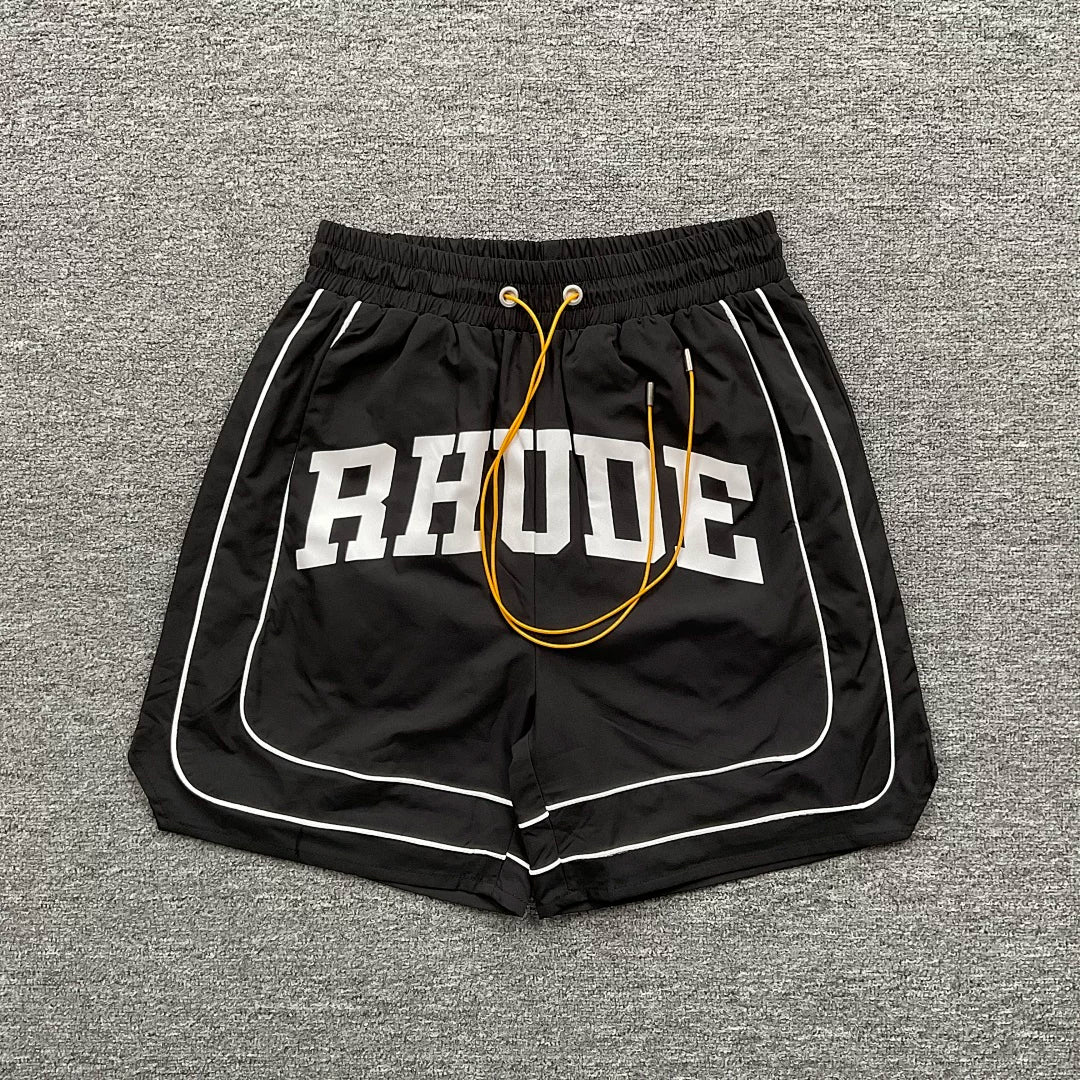 Rhude Black Varsity Stripe Nylon Shorts